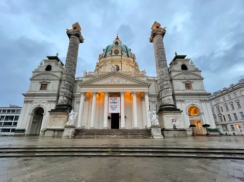 Vienna, Austria - May 9, 2019: A picture of the main facade of the Karlskirche.