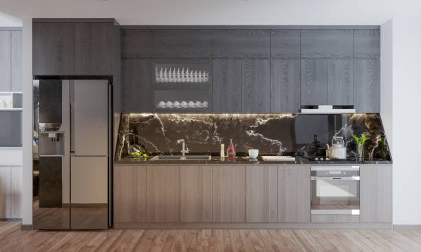 istock Modern Kitchen interior,with wooden cabinet, top table black marble. 3D illustration 1602823228
