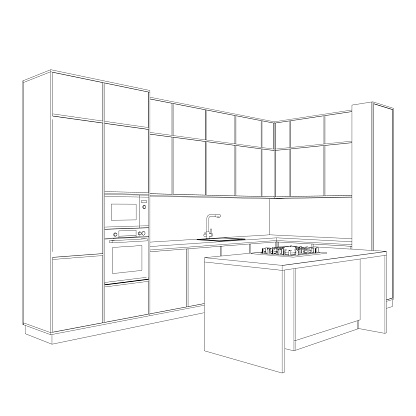 Interior contour of kitchen room. Outline blueprint design of kitchen with modern furniture. Stylish interior of kitchen full of modern furniture, household appliances, cooking facilities.