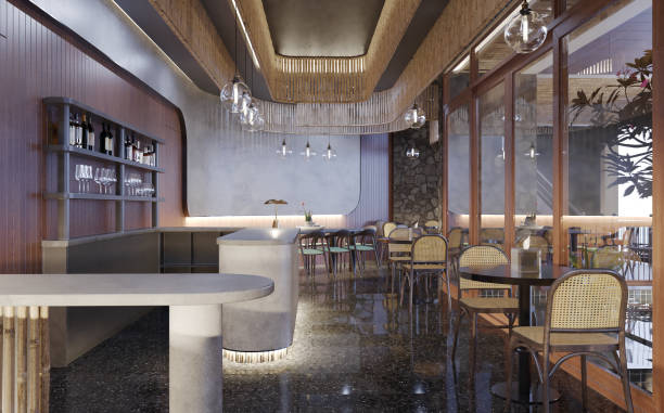 istock Interior restaurant, cafe, tropical modern style decorated with bamboo and stone, with lighting.3D illustration 1602828395