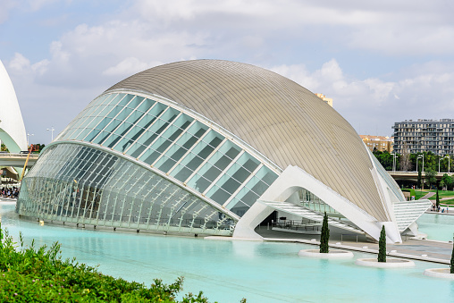 Valencia, Spain - July 30, 2023: View of the City of Arts and Sciences. It was designed by famous Spanish architect Santiago Calatrava