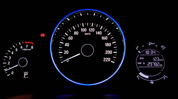 istock Car speedometer at night with light on 1602832665
