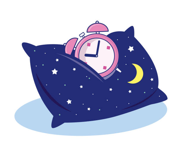 Pillow with with a Sleeping Alarm Clock Vector illustration of a Cartoonish Pillow with a Sleeping Alarm Clock. Sleep Well Concept. going to bed cartoon stock illustrations