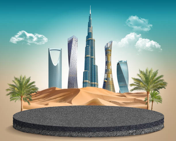istock Middle east skyline with nature. abstract design template. skyscraper and dune sand, 3d illustration. isolated background. asphalt plot. 1602877327