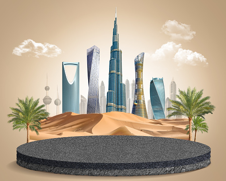 Horizonte de Oriente Medio con la naturaleza. Plantilla de diseño abstracto. Rascacielos y arena de dunas, ilustración 3D. antecedentes aislados. Parcela de asfalto. photo