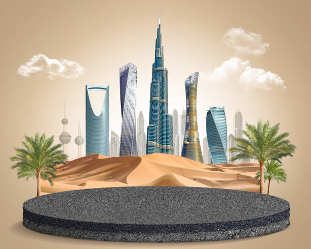 Middle east skyline with nature. abstract design template. skyscraper and dune sand, 3d illustration. isolated background. asphalt plot. Middle east skyline with nature. abstract design template. skyscraper and dune sand, 3d illustration. isolated background. asphalt plot. gulf countries stock pictures, royalty-free photos & images