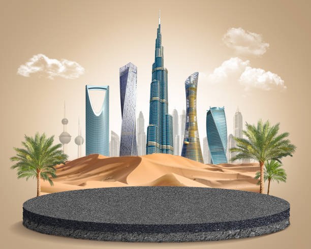 middle east skyline with nature. abstract design template. skyscraper and dune sand, 3d illustration. isolated background. asphalt plot. - gulfstaterna bildbanksfoton och bilder