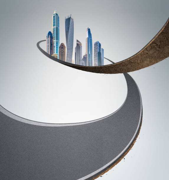 istock 3d illustration of bending road. beautiful skyline downtown. 1602877329