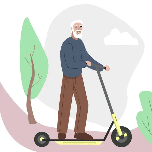 Vector illustration of Cheerful elderly man riding an electric scooter. Happy active senior character. Flat vector illustration
