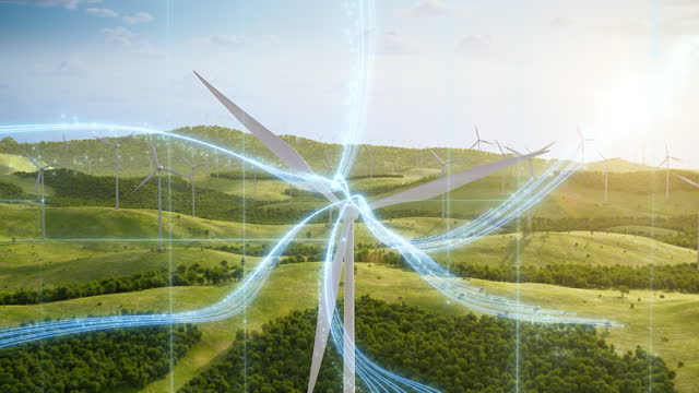 Caucasian Male Clean Energy Engineer Using Laptop On Top Of Wind Turbine. Man Does Inspection On Industrial Wind Farm. 3D Animated Visualization Of Worker's Computer Being Connected to Global Network.