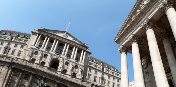 The Bank Of England (left) and the Royal Exchange (right), London, UK. The centre of British finance.