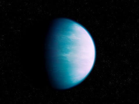 Earth-like planet in blue tones. Beautiful exoplanet with a solid surface and an atmosphere. Planet suitable for colonization.