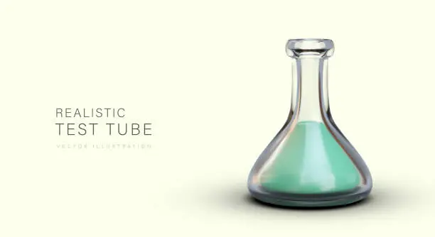 Vector illustration of Glass triangular flask with green liquid. Realistic Erlenmeyer flask