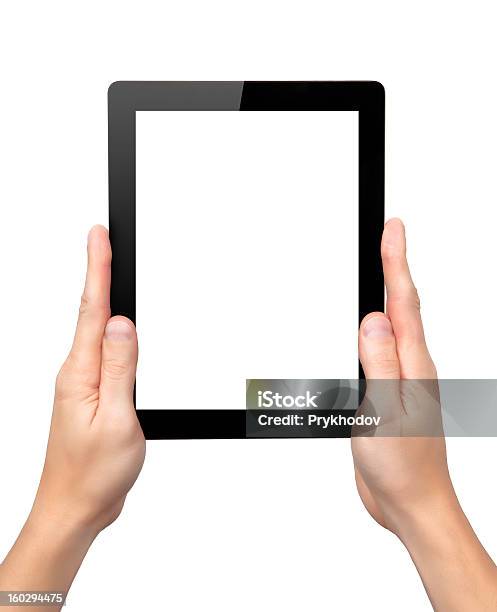 Homem Mãos Segurando Um Tablet Com Tela Isolada - Fotografias de stock e mais imagens de Adulto - Adulto, Agenda Eletrónica, Agenda Pessoal