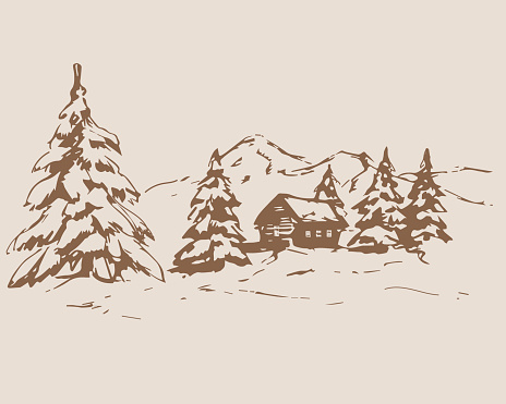 Winter rural landscape drawing. Vector illustration with trees and a house in the snow for a postcard, template, congratulations on winter holidays, print. Hand drawn winter background, design element. Traveling and holiday