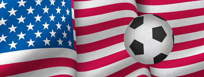 The image of a soccer ball against the background of the national flag of   USA