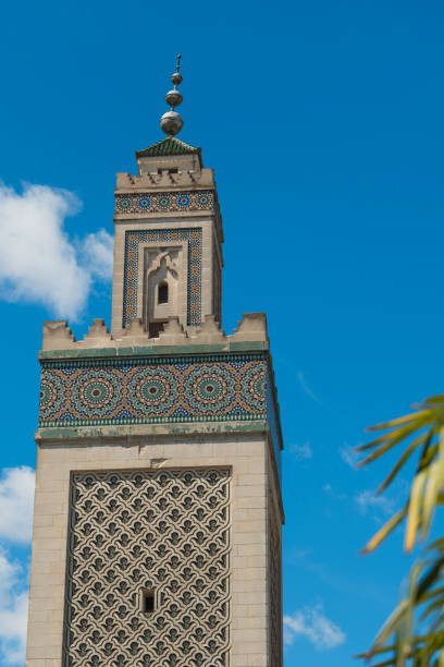 Tower of Grand Mosque of Paris against blue sky