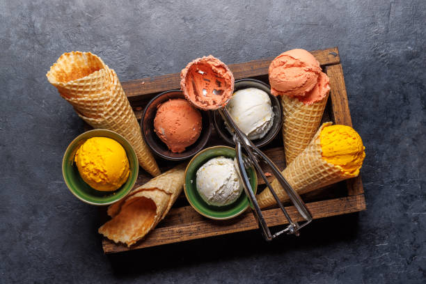 istock Assorted ice cream flavours in delightful waffle cones 1602953685