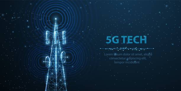 illustrations, cliparts, dessins animés et icônes de mât d’antenne abstrait sur bleu. technologie 5g, industrie des télécommunications - équipement de télécommunication