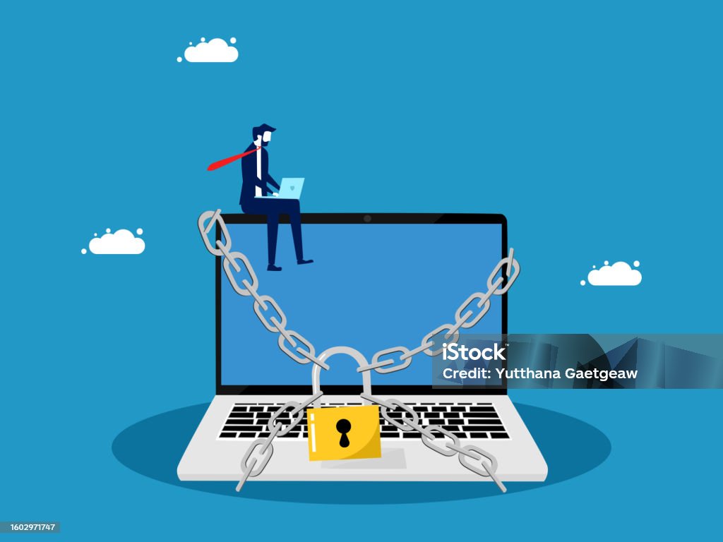 Locked Computer Data Protect Laptop Data Businessman And Laptop Locked With A Padlock Vector ...