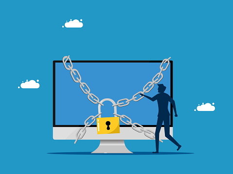 Internet Security Man And Computer Locked With Padlock Vector Stock ...
