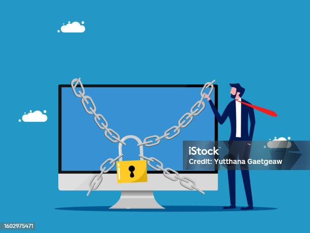 Lock Computer Slogans Protect Computer Businessman And Computer Locked With Padlock Vector ...