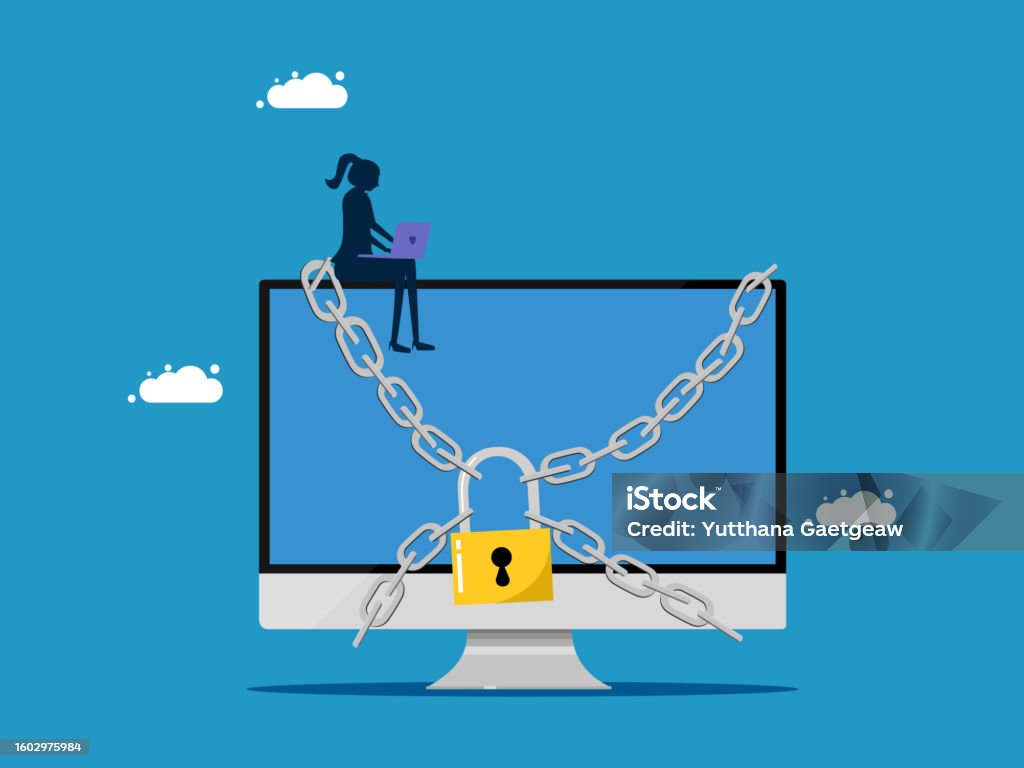 Computer Lock Workstation Behind Computer Protect Computer Businesswoman And Computer Locked With Padlock Vector ...