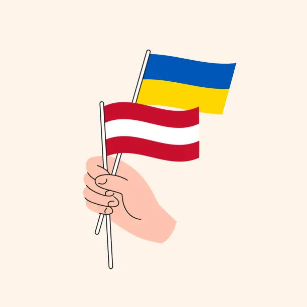 Vector illustration of Cartoon Hand Holding Ukrainian And Austrian Flags. Ukraine and Austria Relations