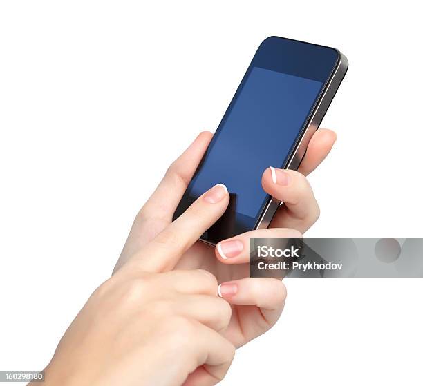Isolated Female Hands Holding A Phone And Touches The Screen Stock Photo - Download Image Now