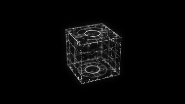 Abstract black sci-fi cube with particle and line with digital indicators. Technology network connection on world. Global digital connections ai. Wireframe cube. Blockchain encryption. 3D rendering.