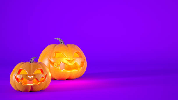 istock Halloween concept purple background with orange pumpkin lanterns 3d rendering. 1602983407