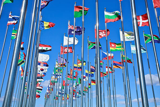 istock Collection of international flags against a blue sky 160298642