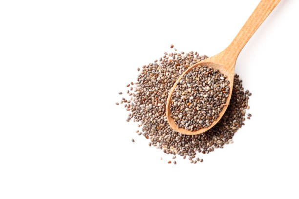 istock Chia seeds in a wooden spoon isolated on white background 1602994997