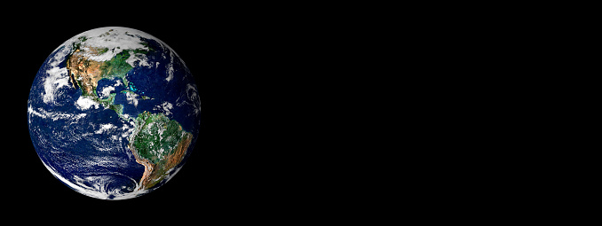 Earth isolated on black background banner or header with copy space. North and south America map satellite photo. Elements of this image furnished by NASA.