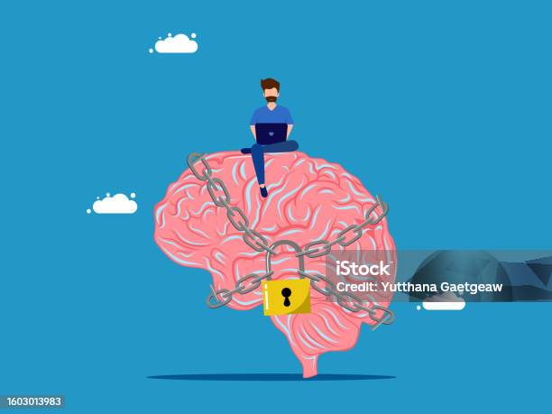Compressed Brain Man Secrets In The Brain Man And Brain Locked With Padlock Stock ...
