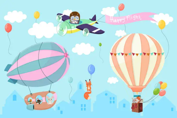 Vector illustration of Cartoon air transport, hot air balloon, airship, plane. Various animals, penguin pilot, rabbit, fox, bird, hedgehog. Happy flight sign. Concept of travel, journey, travel, trip. Vector illustration