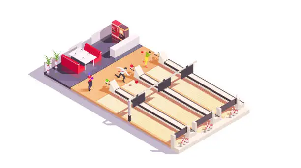 Vector illustration of Bowling center, people throwing ball, game equipment, recreation, score, strike, sport, club activity, competition, play, hobby, interior. Isometric vector illustration.