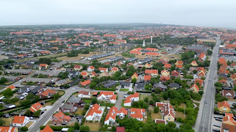 Skagen city from above. Drone descending