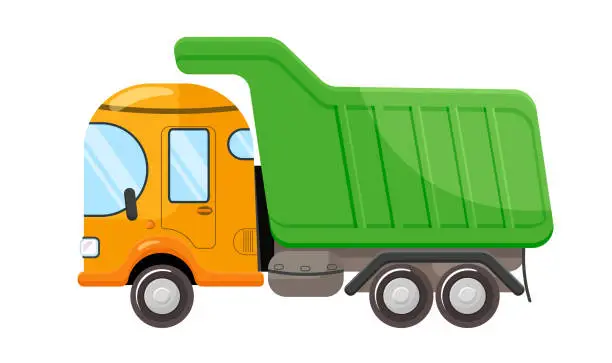 Vector illustration of Cartoon dump truck, toy lorry, cargo transport, heavy vehicle equipment, industrial construction. Machine delivery, tipper, dumper. Isolated on white background. Vector illustration.