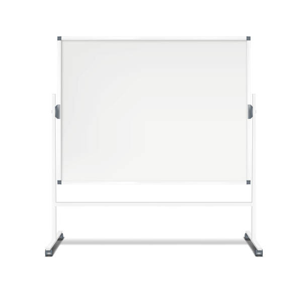 istock Blank whiteboard on wheeled stand vector mock-up. Revolving flipchart magnetic white board with wheels realistic mockup. Template for design 1603029766