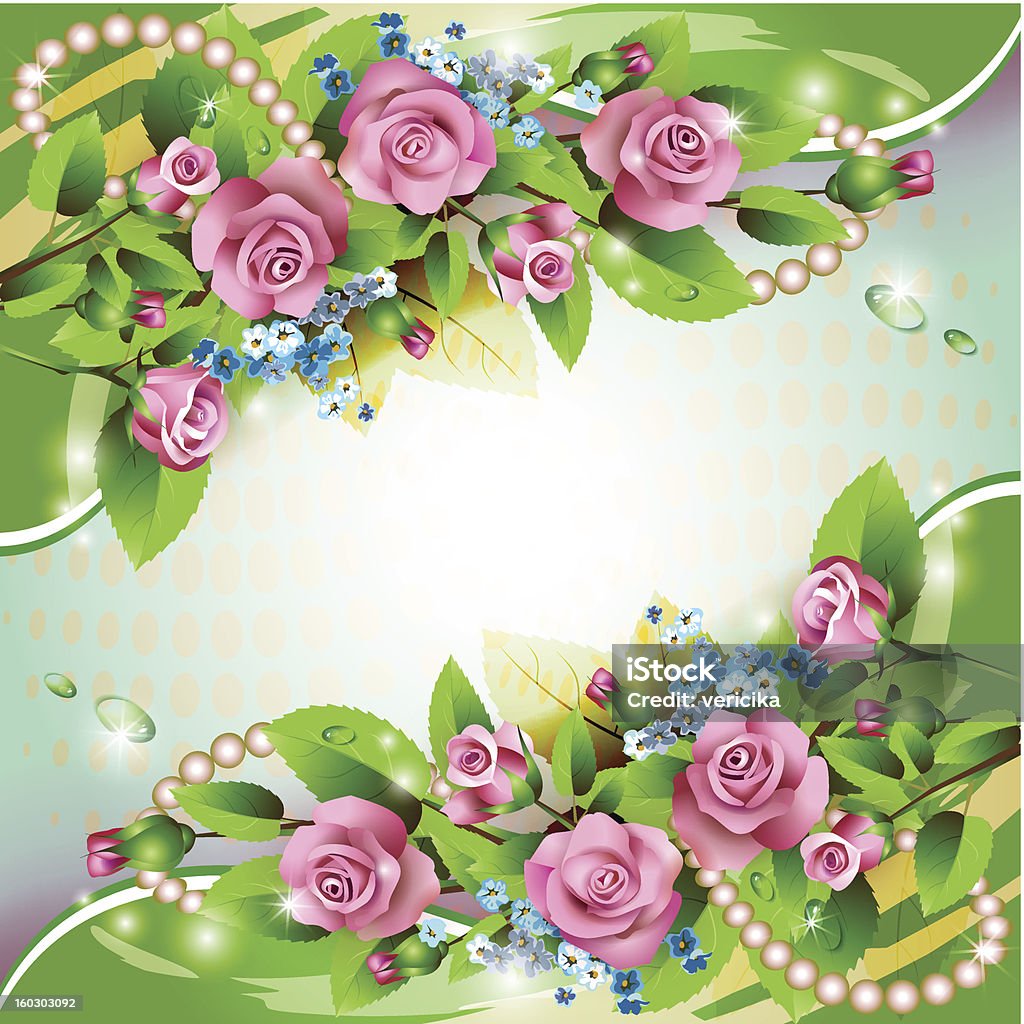 Beautiful background with pink roses Beautiful background with pink roses, drops and pearls. File saved in EPS 10 format and contains transparency effect. Abstract stock vector