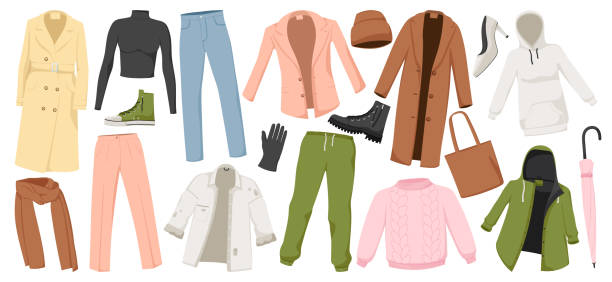 Collection of autumn and winter warm clothes, fashion clothing set, fall coat, jacket, hat, pants, trousers, scarf, jumper, pullover, footwear. Isolated on white background. Vector illustration. Collection of autumn and winter warm clothes, fashion clothing set, fall coat, jacket, hat, pants, trousers, scarf, jumper, pullover, footwear. Isolated on white background. Vector illustration. winter fashion collection stock illustrations