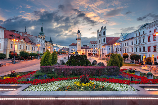 Cityscape image of downtown Banska Bystrica, Slovakia with the Slovak National Uprising Square at summer sunrise.