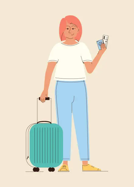 Vector illustration of Happy woman with a suitcase goes on vacation vector illustration