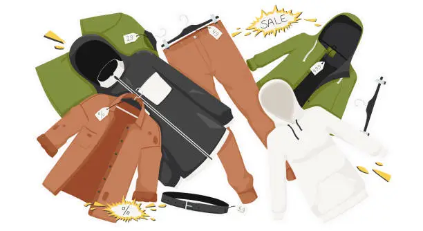Vector illustration of Casual wear sale collection, clothes, retail, brown pants, shirt, green t-shirt, jacket, black belt, white hoodie. Elegant clothing design. Stylish look, outfit. Vector illustration.
