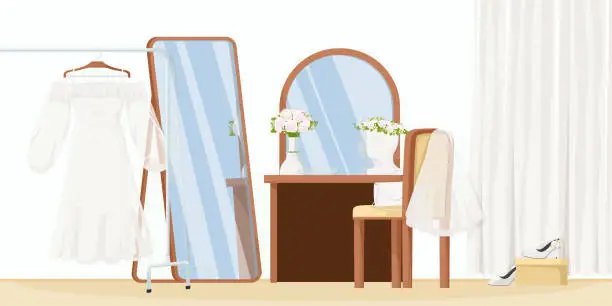 Vector illustration of Bride room interior, style, white wedding dress, mirror, woman, bedroom, cartoon, design. Table, armchair, curtain, furniture. Veil, flowers, shoes. Vector illustration