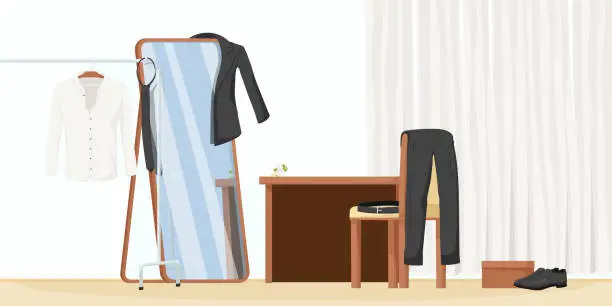 Vector illustration of Room interior, clothes, shirt, pants, trousers, shoes, jacket, belt. Furniture, table, chair, large mirror, hanger. Curtain, wooden floor. Closet, house, accessories. Vector illustration.