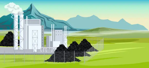 Vector illustration of Coal station, industrial energy production, power plant, fuel, carbon, charcoal. Electricity, factory, fence, smoke, environment pollution. Landscape with mountain, field, sky. Vector illustration.