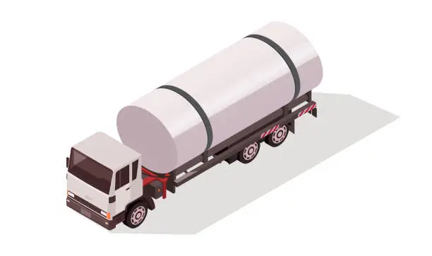 Vector illustration of Fuel tanker, gas, oil, gasoline, petrol, diesel cargo. Lorry, vehicle, truck, cistern, delivery, transport, tank, car, shipping, industry. Isolated on white background. Isometric vector illustration.