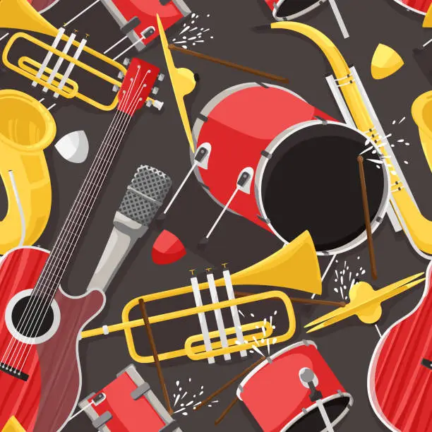 Vector illustration of Acoustic instruments for jazz, blues music. Seamless pattern. Drums and trumpets with saxophone playing melody. Concept of art cover for modern band. Vector illustration